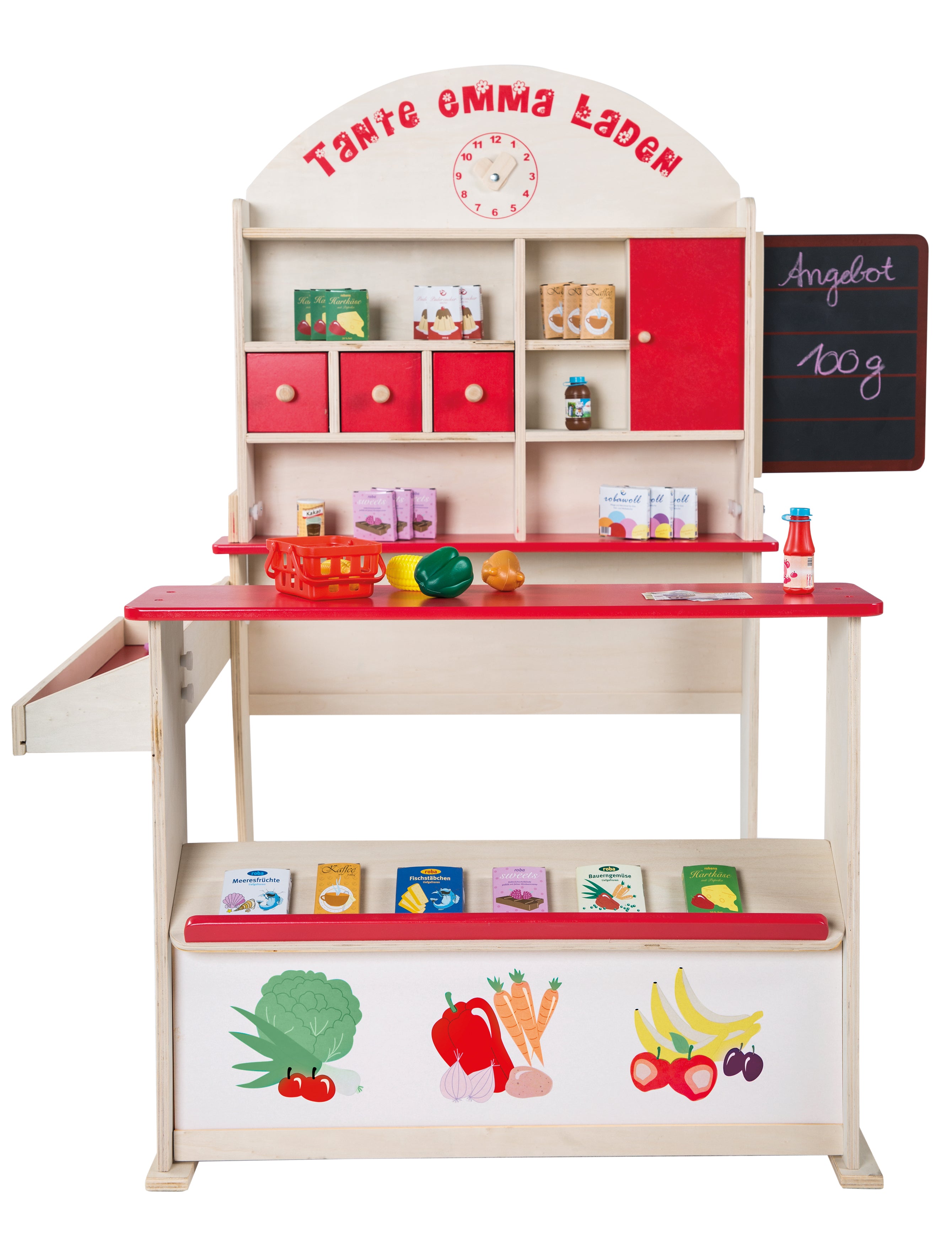 Marchande 'Tante Emma', bois naturel, avec comptoir, tableau, comptoir latéral & impression stand de marché – Détourage (1/4)