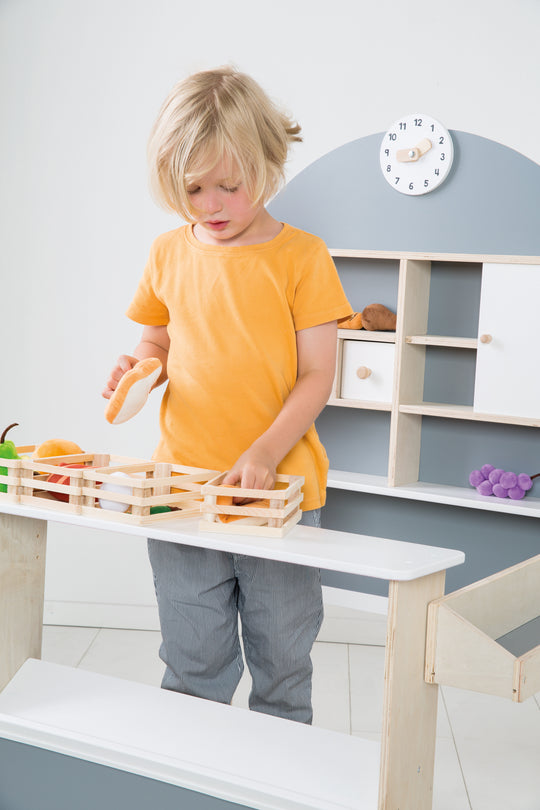 Marchande pour enfants, marchande en bois, stand de vente avec comptoir et comptoir latéral – Photo d'ambiance (17/17)