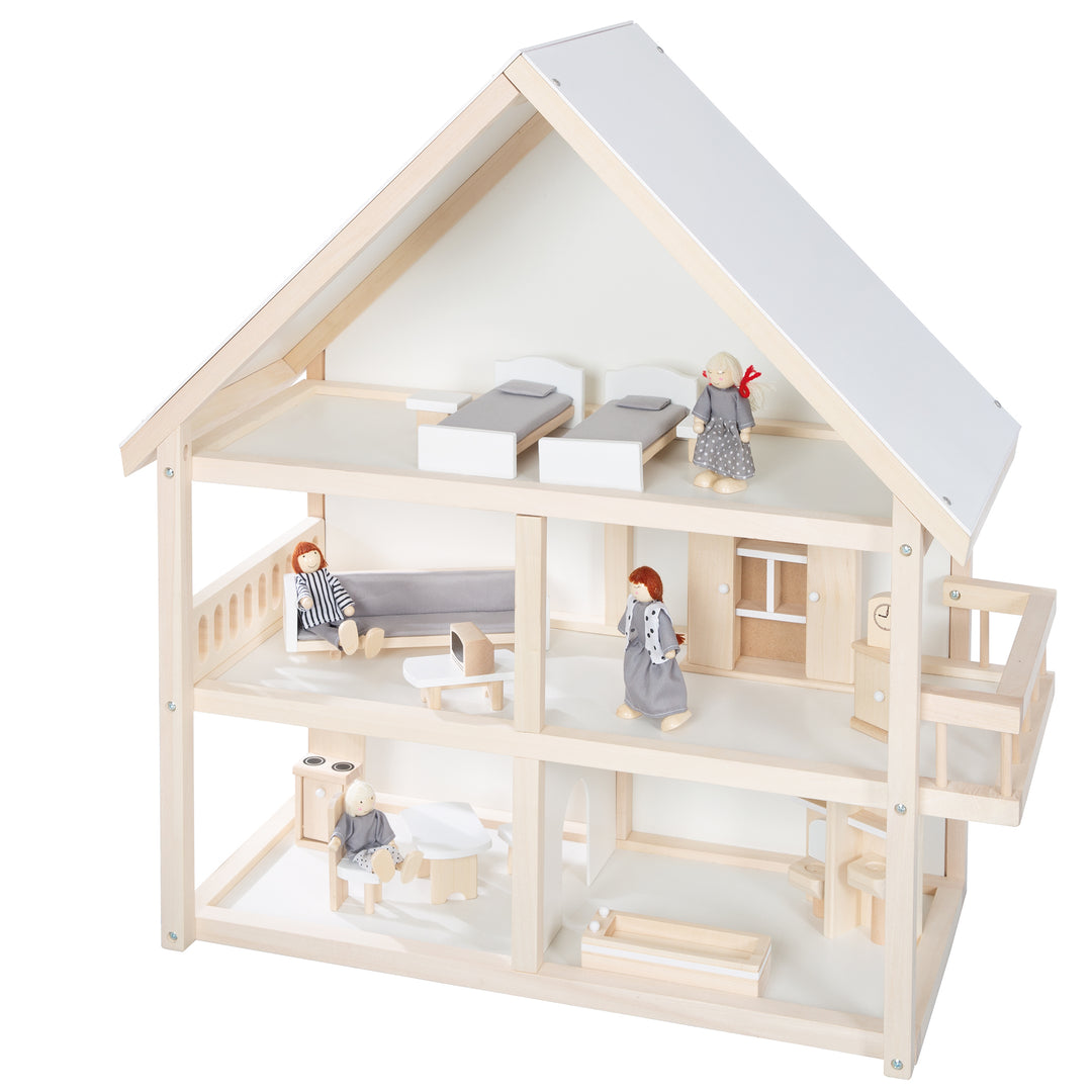 Puppenhaus inkl. Möbel- & Puppenset - Spielzeug ab 3 Jahren - Holz natur – Produktbild (1/11)