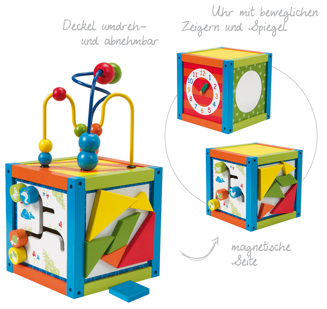 Centre de jeu 'cube d'activités', cube de motricité, avec boucle de motricité, pédagogique éléments d'apprentissage, bois – Photo de détail (2/4)