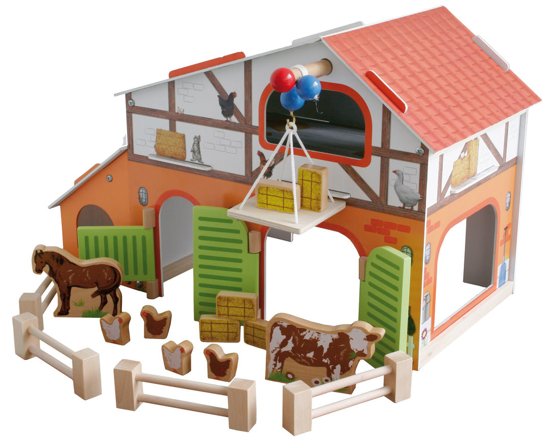 Bauernhof 'Farm', bedrucktes Holzspielzeug, Set mit Scheune, Stall, Heuboden, Zaun & 6 Bauernhoftieren, steckbar – Freisteller (9/16)