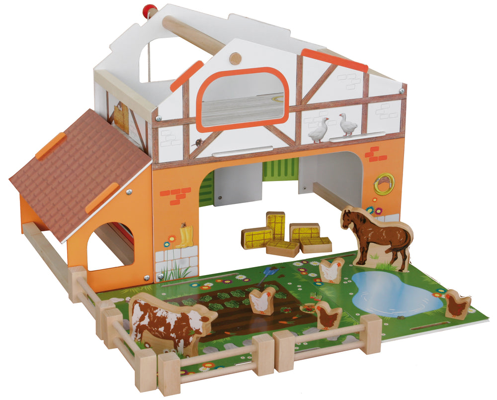 Bauernhof 'Farm', bedrucktes Holzspielzeug, Set mit Scheune, Stall, Heuboden, Zaun & 6 Bauernhoftieren, steckbar – Freisteller (2/16)