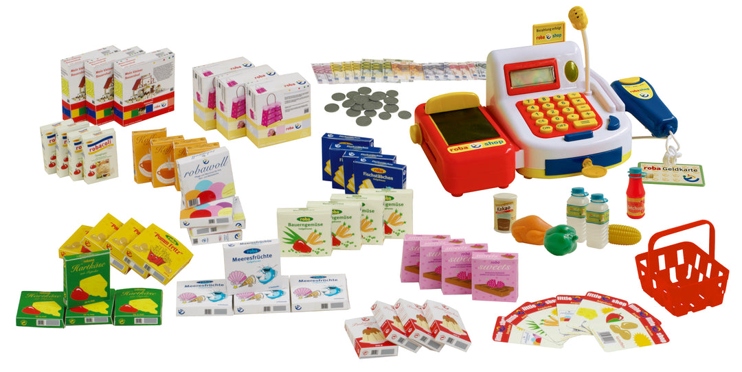 Kaufladenzubehör, Kasse, Spielgeld, Einkaufskorb, Lebensmittel Set & Angebotsschilder – Freisteller (1/1)