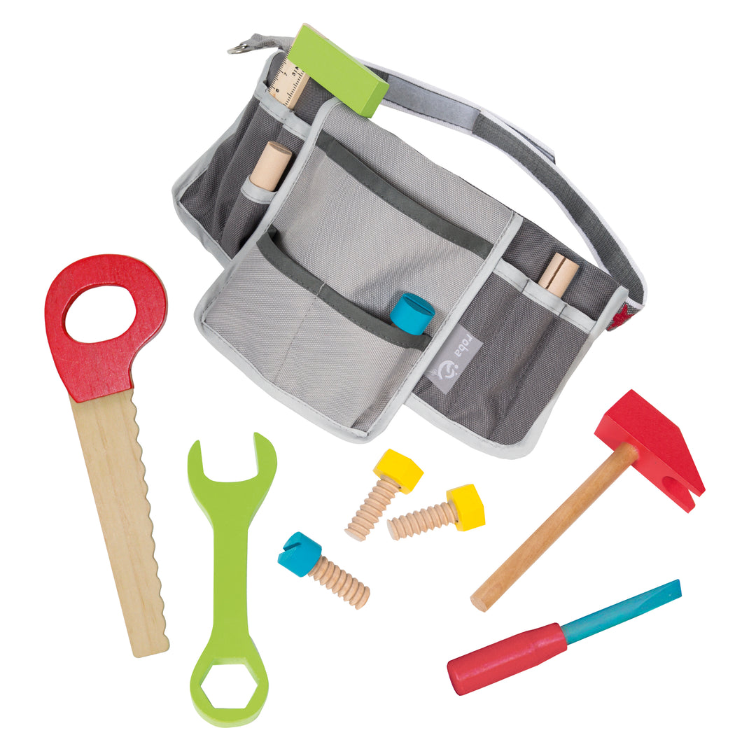 Kinder-Werkzeuggürtel inkl. Werkzeugtasche mit 11-teiligem Werkzeug-Set aus Holz, verstellbar – Freisteller (1/3)