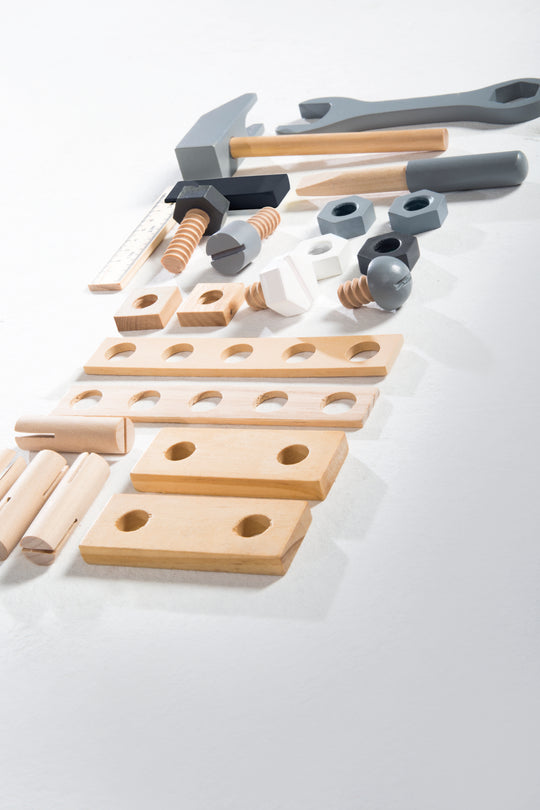 Boîte à outils pour enfants, coffret d'outils en bois, set de construction en bois avec 22pièces outil – Photo de détail (8/18)