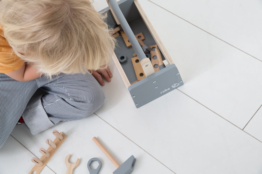 Boîte à outils pour enfants, coffret d'outils en bois, set de construction en bois avec 22pièces outil – Photo d'ambiance (16/18)