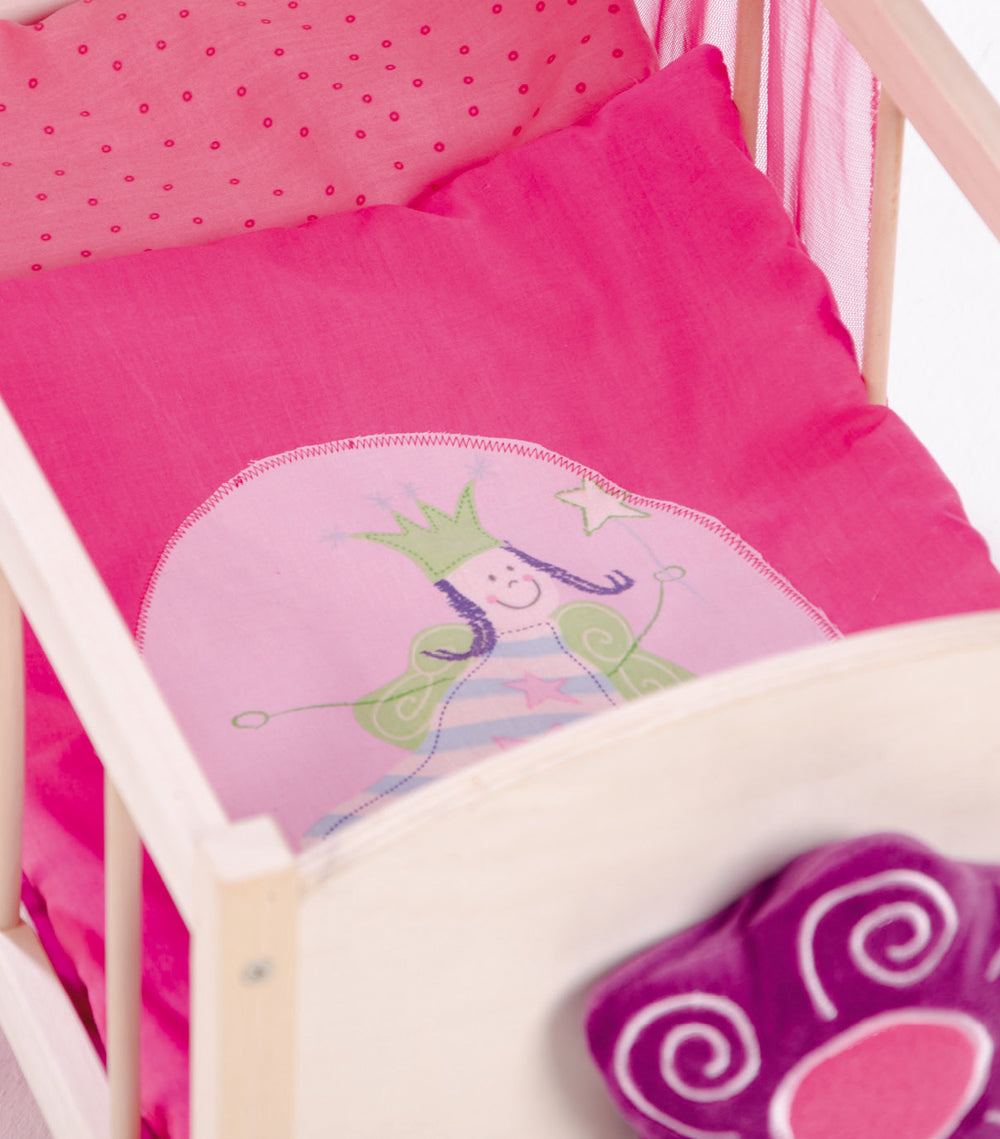 Puppenbett Serie 'Happy Fee', Holz natur inkl. textiler Ausstattung, Bettwäsche & Himmel pink – Detailbild (2/5)