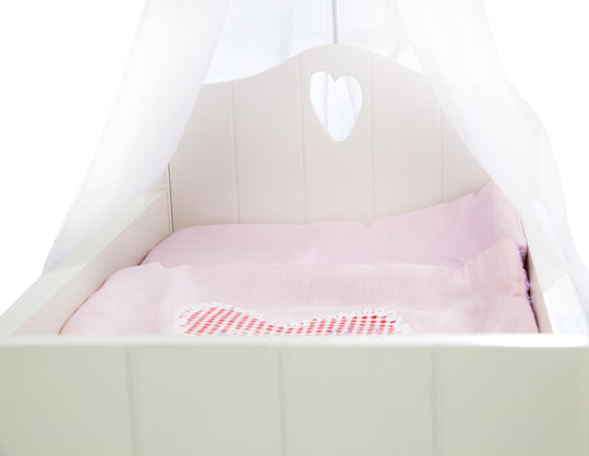 Lit de poupée 'Fienchen', avec équipement textile, linge de lit & ciel de lit, blanc laqué – Photo de détail (3/5)