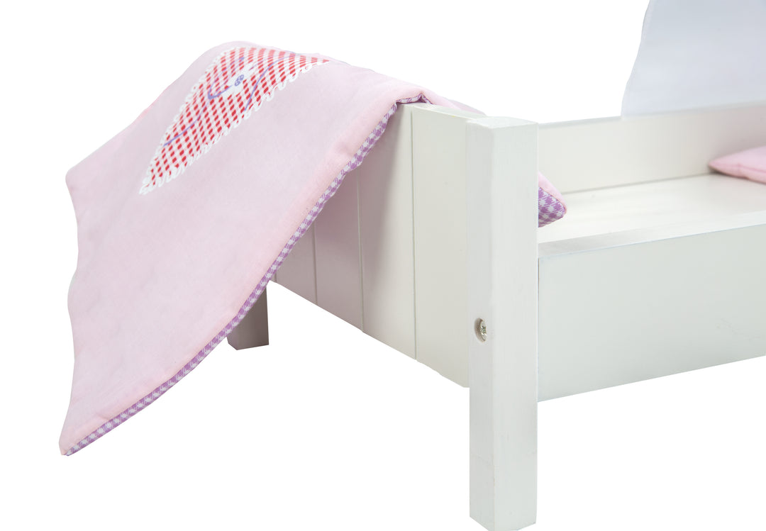 Lit de poupée 'Fienchen', avec équipement textile, linge de lit & ciel de lit, blanc laqué – Photo de détail (4/5)