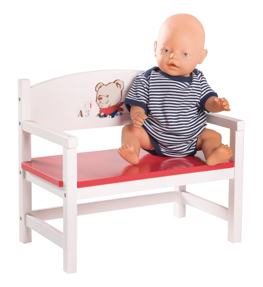 Puppenbank aus Puppenmöbel Serie 'Teddy College', Puppenbank weiss lackiert, Puppenzubehör – Freisteller (1/2)