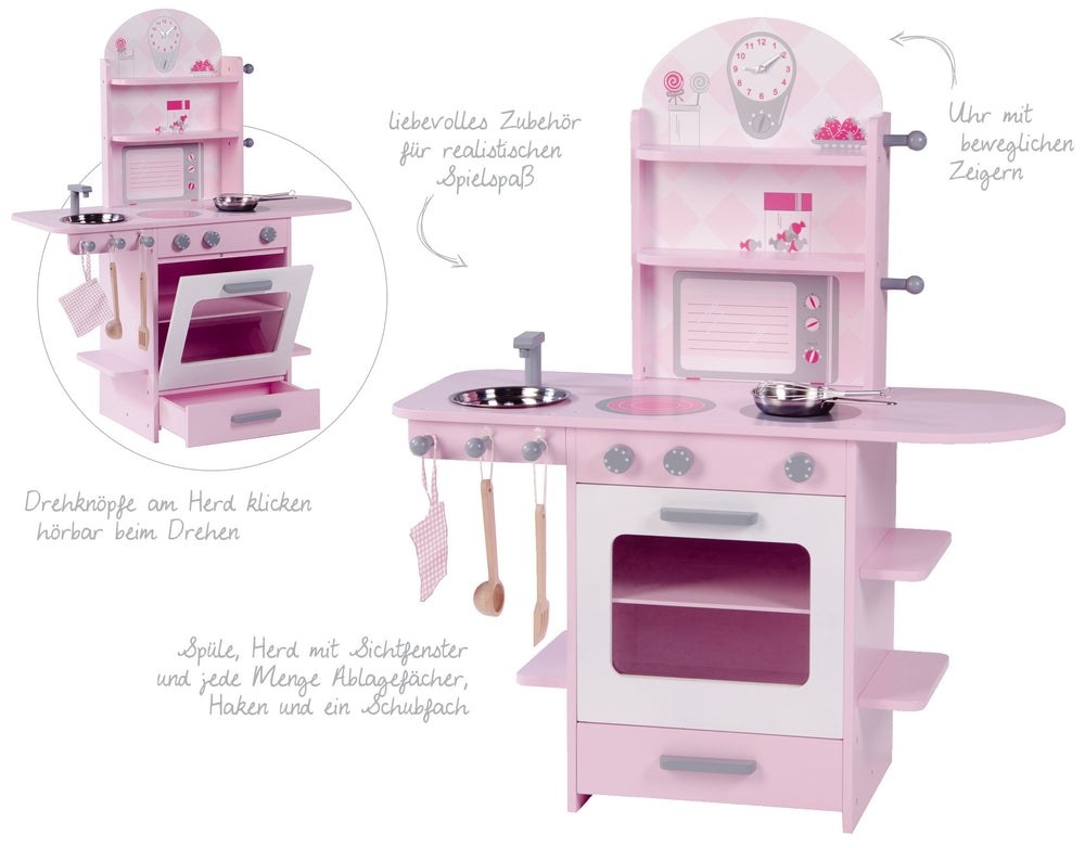 Spielküche rosa, Kinderküche mit Herd, Spüle, Wasserhahn & Regal inkl. Zubehör – Detailbild (2/9)