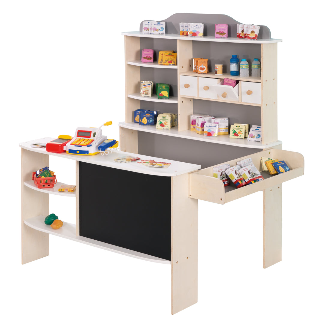 Kaufladen, inkl. Zubehör, natur, weiß/grau, 4 Schubladen, Uhr, Tafel, Theke & Seitentheke – Freisteller (1/4)
