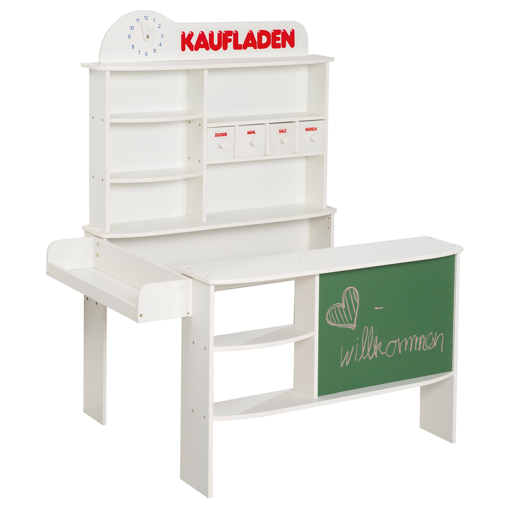 Marchande, bois blanc, stand de vente, 4 tiroirs, horloge, tableau, comptoir, comptoir latéral – Détourage (1/5)