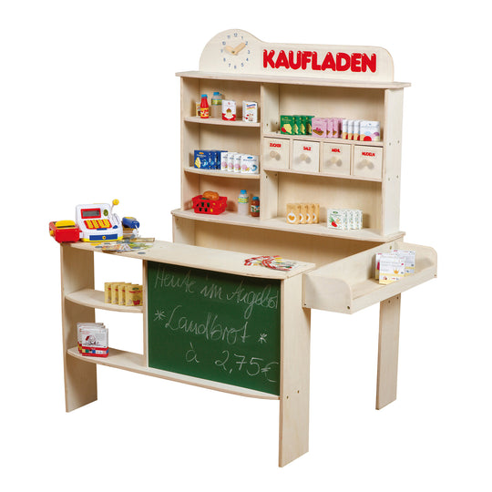 Negozietto, legno naturale, banco vendita con 4 cassetti, orologio, lavagna, bancone & bancone laterale – Ritaglio (3/3)