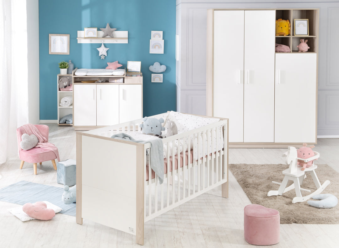 Set de habitación infantil 'Olaf' incl. cama combinada 70 x 140 cm, cómoda cambiador & 3puertas armario, luna elm/blanco – Foto del producto (3/18)