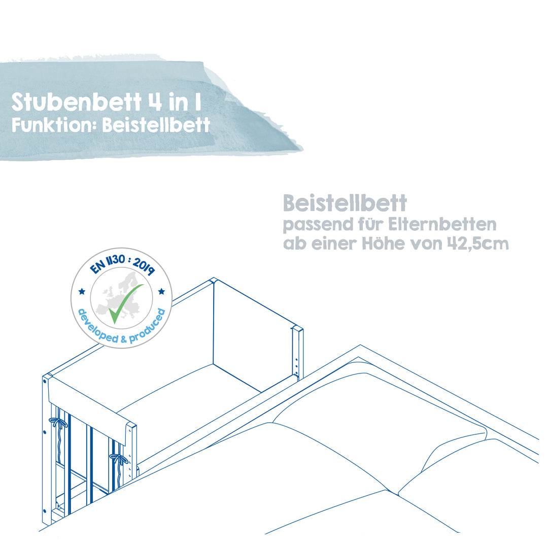 Stuben- & Beistellbett 'Liebhabär' 4 in 1, Babybett, Wiege & Kinderbank aus Buchenholz – Infografik (5/12)