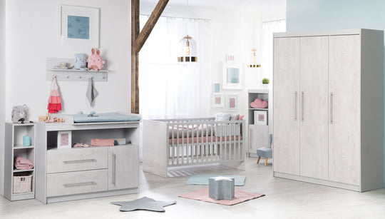 Children's Room Set 'Maren 2', incl. Convertible Cot Bed 70 x 140 cm, Changing Table Wide & 3-Door Cabinet, Light Grey/Whitewashed Oak – Product Image (1/12)